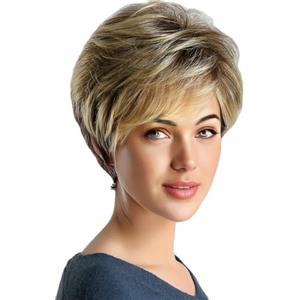 YuanYouTong Parrucca corta con taglio pixie da donna, biondo con radici scure, frangia, liscia naturale, a strati soffici, resistente al calore, capelli sintetici di ricambio per feste e uso
