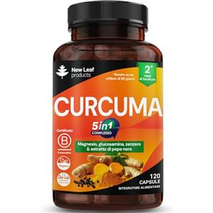 NEW LEAF PRODUCTS Curcuma Capsule 5-in-1 Complex - 5000 mg Alta Concentrazione con Magnesio e Solfato di Glucosamina - Zenzero, Curcuma e Pepe Nero - Estratto al 95% di Curcumina, Integratore Vegano | New Leaf