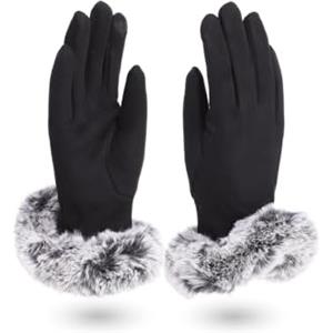 QUEEN HELENA Guanti Invernali con Pelliccia con Pelo Morbido Caldi Scamosciati Eleganti Donna G22-9 (Taglia Unica, Nero)