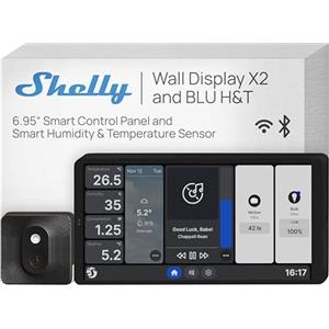 Shelly Wall Display X2 Nero + Blu H&T Nero (Bundle), Pannello di Controllo Smart Wi-Fi per Casa, Termostato, Relè Integrato da 5A, Necessario Conduttore Neutro, Dati Ambientali, Alexa e Google Home