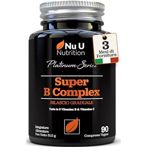 Nu U Nutrition Super Complesso Vitamina B Alto Dosaggio - 90 Compresse Vegane a Rilascio Graduale - 3 Mesi di Scorta - Con B1, B2, B3, B5, B6, B7, B9, B12 e Vitamina C - Prodotto in Europa - Nu U Nutrition
