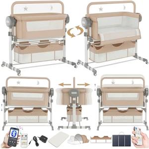 Magic ZC Elettrico Bluetooth Intelligente Culla Neonato Next to me, Convertibile Culla Co-sleeping, Telecomando e 5 Ingranaggi Oscillanti, Pieghevole Neonato Fianco Letto con Musica (608 Khaki)