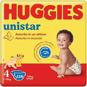 Huggies Unistar, Pannolini Taglia 4 (7-14 Kg), Ultra assorbente, Protezione Completa, Design Disney, 128 Pz