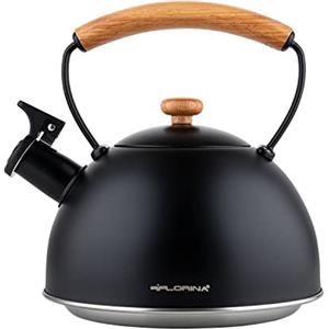 FLORINA Bollitore Acqua (2,3 l) NATURA I Bollitore da Fornello con Manico in Legno I Fischio Automatico I Adatto a Fornelli a Induzione, Gas, Elettrici I Colore: Nero