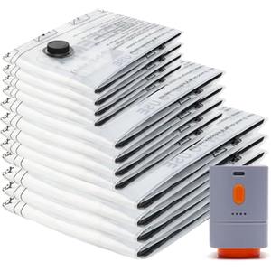 motomoyo Sacchi Sottovuoto con Pompa Senza Fili - Set da 12 Pezzi (4x40x50cm, 4x50x70cm, 4x60x80cm) Riutilizzabili per Abiti, Viaggio e Conservazione, Include Pompa Elettrica Ricaricabile
