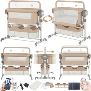 Nine point nine Elettrico Bluetooth Intelligente Culla Next to Me, Culla Neonato Fianco Letto, Convertibile Co-sleeping per Bambini Pieghevole con Musica 5 Ingranaggi Ondeggianti (608 Khaki)