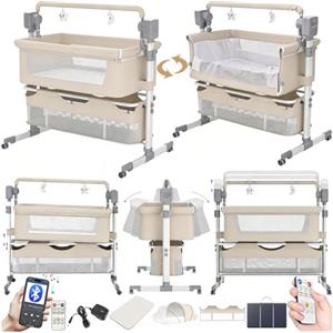 Nine point nine Elettrico Bluetooth Intelligente Culla Next to Me, Culla Neonato Fianco Letto, Convertibile Co-sleeping per Bambini Pieghevole con Musica 5 Ingranaggi Ondeggianti (601 Beige)
