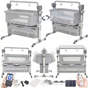 Nine point nine Elettrico Bluetooth Intelligente Culla Next to Me, Culla Neonato Fianco Letto, Convertibile Co-sleeping per Bambini Pieghevole con Musica 5 Ingranaggi Ondeggianti (601 Mid Grey)