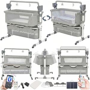 Nine point nine Elettrico Bluetooth Intelligente Culla Next to Me, Culla Neonato Fianco Letto, Convertibile Co-sleeping per Bambini Pieghevole con Musica 5 Ingranaggi Ondeggianti (601 Light Grey)
