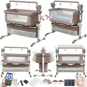 Nine point nine Elettrico Bluetooth Intelligente Culla Next to Me, Culla Neonato Fianco Letto, Convertibile Co-sleeping per Bambini Pieghevole con Musica 5 Ingranaggi Ondeggianti (601 Khaki)