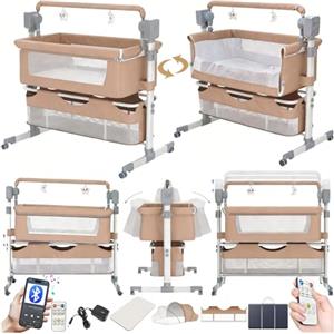 Nine point nine Elettrico Bluetooth Intelligente Culla Next to Me, Culla Neonato Fianco Letto, Convertibile Co-sleeping per Bambini Pieghevole con Musica 5 Ingranaggi Ondeggianti (601 Brown)