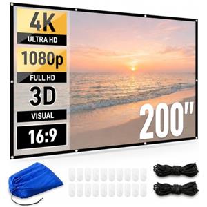 Japard Schermo per proiettore da 200 pollici per esterni, 4K Full HD 3D 16:9, materiale in tela, proiezione su entrambi i lati, pieghevole, portatile, montaggio a parete, extra large per teatro