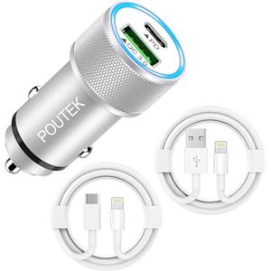 Poutek Caricatore Auto USB C iPhone con 2x Cavo[Apple Certificato MFi], 38W Caricabatterie Auto USB C PD&QC3.0 Adattatore Presa Accendisigari Usb C Ricarica Rapida per iPhone 14 13 12 Pro Max/Plus/11/XS/X/SE