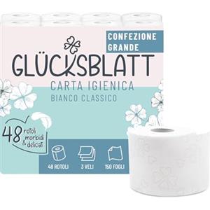 Glücksblatt carta igienica super morbida con goffratura fortunata, 3 strati, 48 rotoli x 150 fogli, 100% cellulosa, ideale per campeggio
