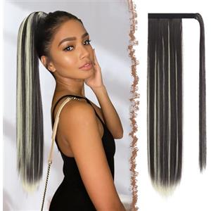 FESHFEN Posticci per Capelli Extension Coda Di Cavallo Capelli Finta Lunga Estensione Capelli Sintetici Coda Capelli Extensions per Donna, 60 cm Miscela di Castano Scuro e Biondo Candido