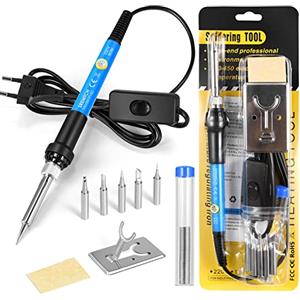 SREMTCH Saldatore a Stagno SREMTCH [Upgraded] 60W kit saldatore stagno (200°C- 450°C) con Interruttore ON/OFF, kit di saldatura 9 in 1, 5 Punte per Saldatore, Filo di Saldatura da 10g, Supporto per Saldatore