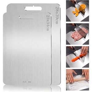 QIGHLIS 2 Pezzi Tagliere in Acciaio Inox Multifunzione, per Uso Alimentare Su Entrambi I Lati, per Carne, Frutta, Verdura