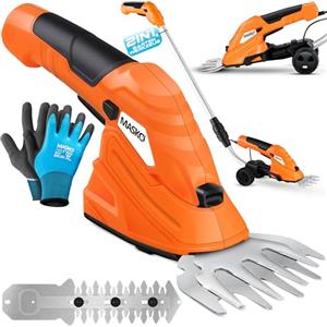 MASKO® Tagliaerba, Tagliaarbusti con batteria 7.2V 2000mA/h + caricatore + guanti, Tagliasiepi elettrico da giardino, forbici da prato incluse. Lama per erba + lama per arbusti incl. asta telescopica