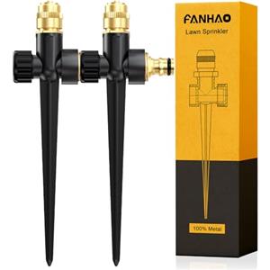 FANHAO 2 Irrigatori automatici da giardino in 100% metallo per cortile,con base a punta, bocchetta regolabile in ottone,copertura a 360 gradi per l'irrigazione di prato,patio e Giardino