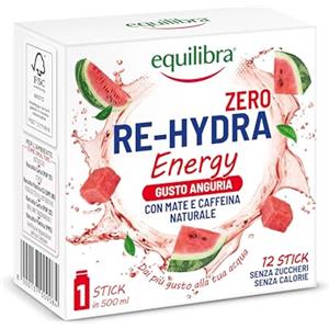 Equilibra Re-Hydra Energy Zero Zuccheri, Insaporitore Acqua Senza Zucchero, Integratore con Mate, Guaranà, Vitamine C, B2, B3, B6, B12, Stanchezza e Metabolismo Energetico, Gusto Anguria, 12 Stick
