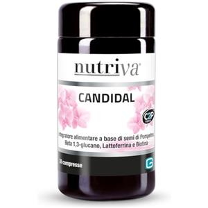 NUTRIVA Candidal, Integratore Alimentare per Candida e Recidive, con Semi di Pompelmo, Beta 1,3-Glucano, Lattoferrina, Biotina, Riequilibra la Flora Batterica Intestinale, 30 Compresse, Vegetariano