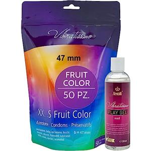 VIBRATISSIMO Preservativi Fruit Color 50 pz & set lubrificante | Condoms for Men | Busta richiudibile & sensazione naturale | ultra sottili | L=47 mm