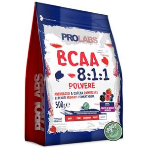 PROLABS- Bcaa Aminoacidi Ramificati Polvere 8.1.1, Amminoacidi 100% Veg con Vitamina B6, B1, L-Leucina (8 parti) Crescita e Recupero Post Intra Pre Workout, Integratore Sportivi, Frutti di Bosco, 500g