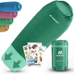 NORDMUT® Sacco a pelo bambini - Cresce con il bambino per protezione -per bambini in materiali non tossici - Sacco a pelo 3 stagioni (200 GSM) per avventure outdoor (Verde)