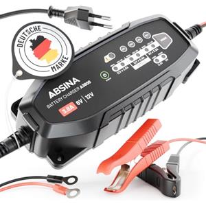 ABSINA Caricabatterie auto automatico - Carica batteria per auto per batterie al piombo-acido da 6V e 12V fino a 120Ah e 12,8V al litio - Mantenitore di carica auto AGM per moto, caravan e altro