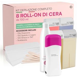 Eurocali Kit Completo Ceretta Liposolubile Roll-On al Miele, Talco, Ossido di Zinco e Biossido di Titanio + Scalda Cera a Rullo + Dopocera Olio di Argan + Spatole in Legno + Strisce Depilatorie - Set da 12