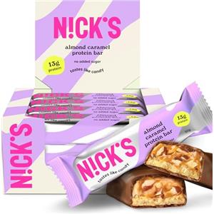 N!CK'S NICKS Barrette proteiche Mandorla caramello, 15 g di proteine, 201 calorie, low carb almond caramel barretta proteica keto senza zucchero aggiunti, senza glutine (12 protein bars x 50 g)