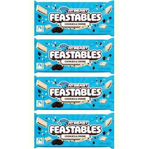Feastables MrBeast Cookies & Creme Cioccolato Bianco 4 x 60g - Barretta di Cioccolato con Pezzetti di Biscotto - 240g Box