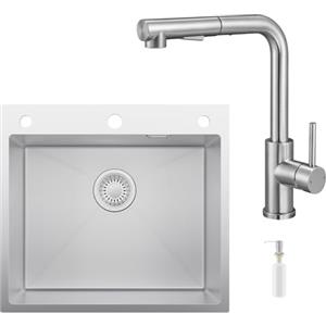 CECIPA 54x49 cm Lavello Cucina in Acciaio Inox con L Rubinetto Cucina Estraibile, Lavandino Cucina 1 Vasca con Dispenser Sapone per Mobile da 60cm