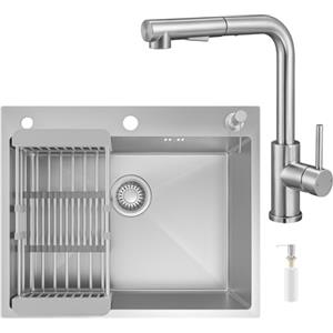 CECIPA 60x49 cm Lavello Cucina 1 Vasca con L Rubinetto Cucina Estraibile, Lavandino Cucina in Acciaio Inox con Dispenser Sapone per Mobile da 60cm