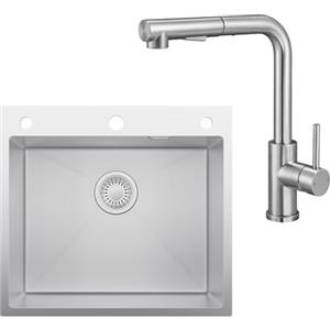 CECIPA 44x49 cm Lavello con L Rubinetto Cucina Estraibile, Lavandino Cucina 1 Vasca in Acciaio Inox per Mobile da 50cm