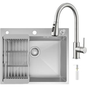 CECIPA 60x49 cm Lavello Cucina 1 Vasca con Arco Rubinetto Cucina Estraibile, Lavandino Cucina in Acciaio Inox con Dispenser Sapone per Mobile da 60cm