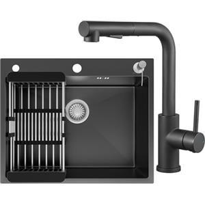 CECIPA 60x49 cm Lavello Nero 1 Vasca con L Rubinetto Cucina Estraibile, Lavandino Cucina Nero in Acciaio Inox con Dispenser Sapone per Mobile da 60cm