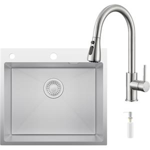 CECIPA 54x49 cm Lavello Cucina in Acciaio Inox con Arco Rubinetto Cucina Estraibile, Lavandino Cucina 1 Vasca con Dispenser Sapone per Mobile da 60cm