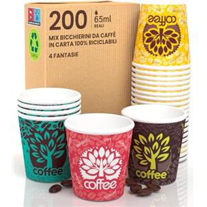 Eurocali 200 Bicchierini in Carta per caffè 65ml Forest Mix Bicchieri Ecologici Biodegradabili Monouso Piccoli Asporto Bevande Calde