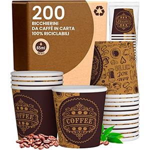 Baciato Caffè 200 Bicchierini in Carta da caffè 65ml PubCUP Bicchieri Ecologici Biodegradabili Monouso Piccoli Asporto Bevande Calde