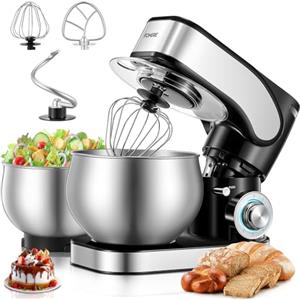 FOHERE Robot da cucina con ciotole in acciaio inox da 5 l + 3 l, doppia ciotola, gancio per impastare, 1300 W, potente impastatrice per impastare, velocità 6+P, gancio per impastare, frusta e frusta
