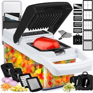 Ecolya Tritatutto 25 in 1 e affettatrice a mandolina - Tritatutto con contenitore - Tagliaverdure, affettatrice per insalata, cipolla, patate e pomodoro - gadget da cucina - 13 lame