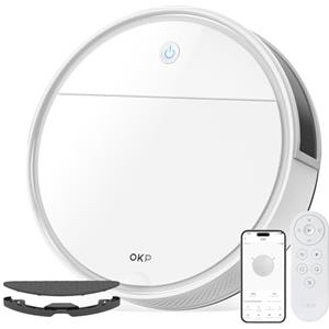 OKP K5Pro Robot Aspirapolvere, 5000Pa, 180 Minuti, 7,7cm Ultra Sottile, Anti-Groviglio, 4 Modalità di Pulizia, Ricarica Automatica, Ideale per Peli di Animali, Pavimenti Duri, Wi-Fi/App/Alexa, Bianco