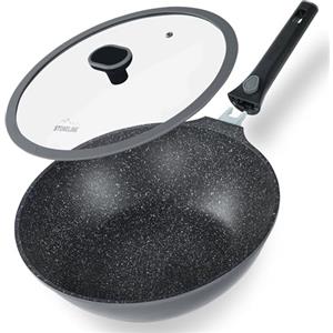 STONELINE SMART Padella Wok 30 cm, 4,8 L Padella Induzione Grande con Coperchio, Manico Removibile, Alluminio Pressofuso, Tutti Piani Cottura, Antiaderente con Vere Particelle di Pietra, Grigio