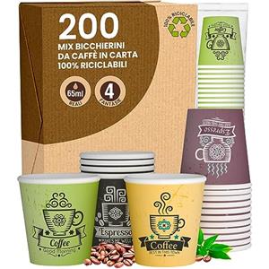 Baciato Caffè 200 Bicchierini in Carta da caffè 65ml CuzcoCUP Mix Bicchieri Ecologici Biodegradabili Monouso Piccoli Asporto Bevande Calde
