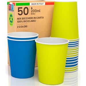 Baciato Caffè 50 Bicchieri in Carta 200ml Mix Star Ecologici Biodegradabili Monouso Made in Italy Asporto Bevande Calde Acqua - MIX di Colori Giallo Blu- Prodotto e Confezionato in Italia