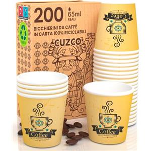 Eurocali 200 Bicchierini in Carta per caffè 65ml CuzcoYellowCUP Bicchieri Ecologici Biodegradabili Monouso Piccoli Asporto Bevande Calde