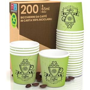 Eurocali 200 Bicchierini in Carta per caffè 65ml CuzcoGreenCUP Bicchieri Ecologici Biodegradabili e Monouso Piccoli Asporto Bevande Calde