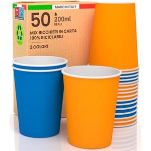 Baciato Caffè 50 Bicchieri in Carta 200ml Mix Energy Ecologici Biodegradabili Monouso Made in Italy Asporto Bevande Calde Acqua - Mix di Colori Blu Arancione - Prodotto e Confezionato in Italia