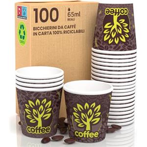 Eurocali 100 Bicchierini in Carta per caffè 65ml Brown Forest Bicchieri Ecologici Biodegradabili Monouso Piccoli Asporto Bevande Calde